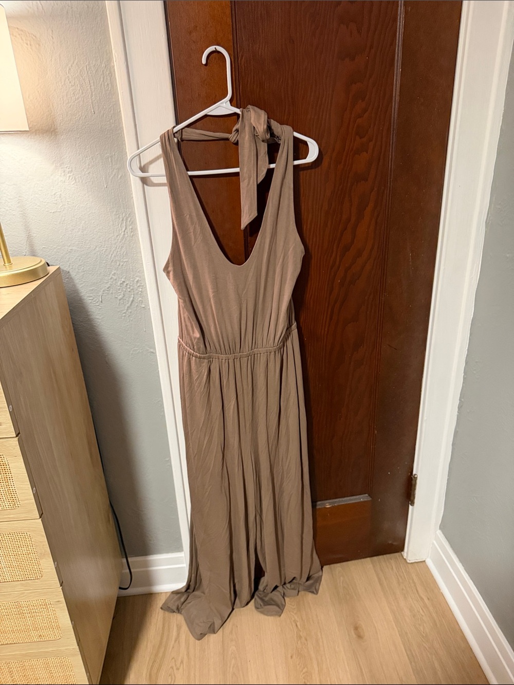 Old Navy Sleeveless Taupe Maxi Dress with Tie Neck